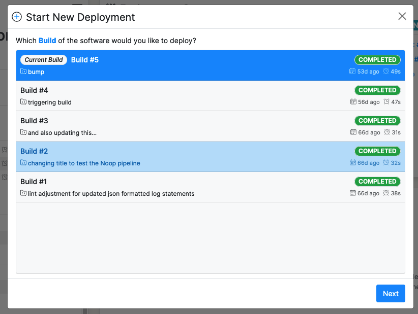 Screenshot showing the Build selection modal